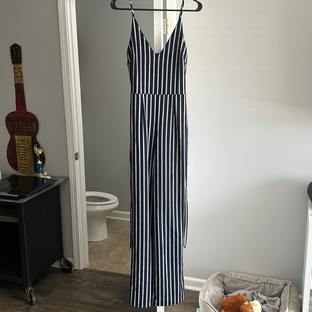 Navy & white striped jumpsuit